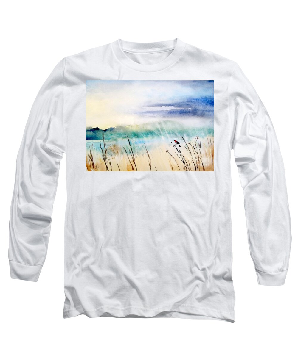 Bird Long Sleeve T-Shirt featuring the painting A Bird In Swamp by Yoshiko Mishina