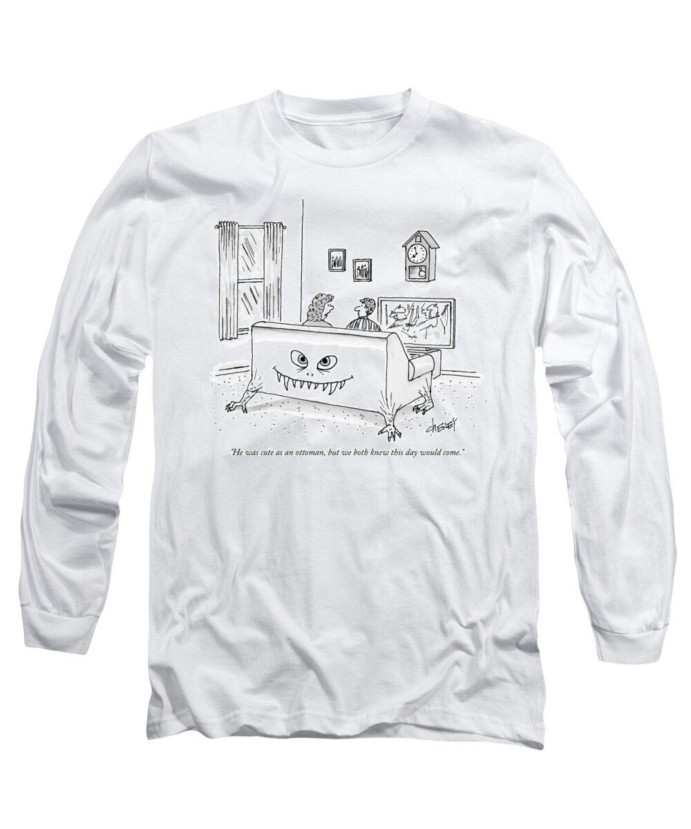 He Was Cute As An Ottoman Long Sleeve T-Shirt featuring the drawing A Couple Sit Watching Tv On A Sofa That by Tom Cheney