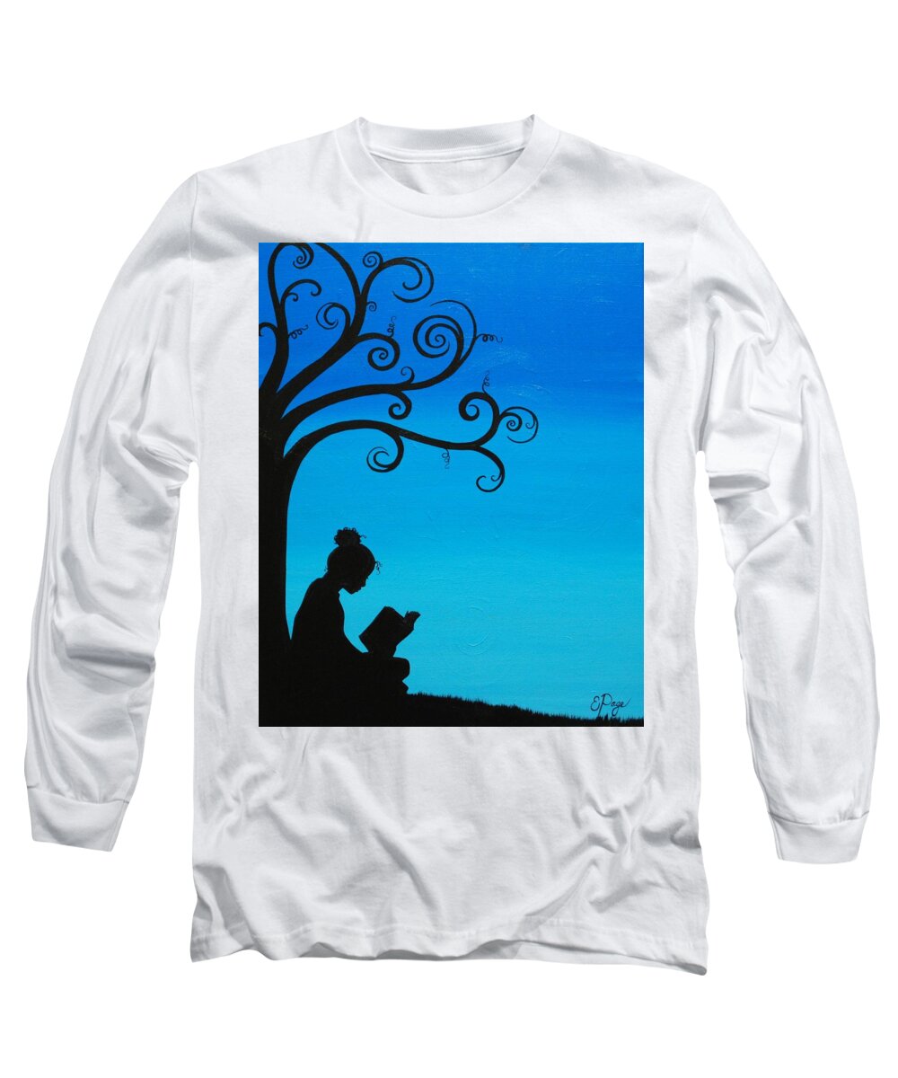 Girl Reading Under Tree Long Sleeve T-Shirt featuring the painting A Girl and Her Book by Emily Page