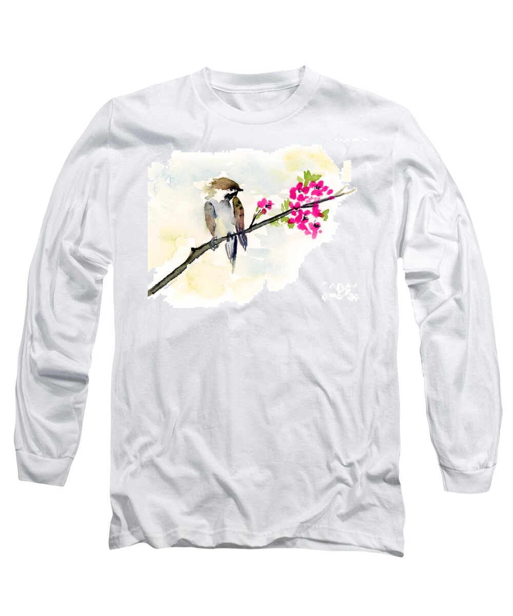 Sparrow Painting Long Sleeve T-Shirt featuring the painting A Little Bother by Amy Kirkpatrick