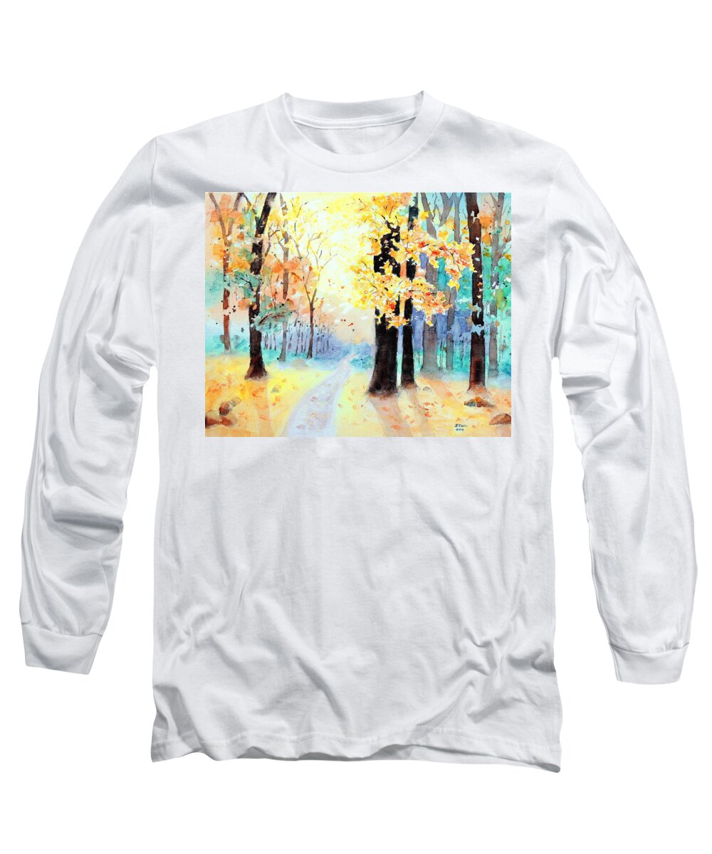 Autumn Long Sleeve T-Shirt featuring the painting A Walk in the Woods by Jerry Fair