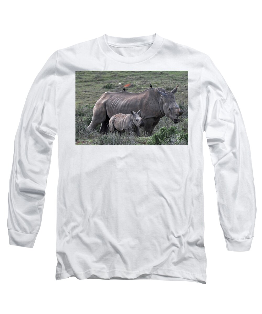 Kariega Game Reserve Long Sleeve T-Shirt featuring the photograph African White Rhino and calf by Josephine Cohn