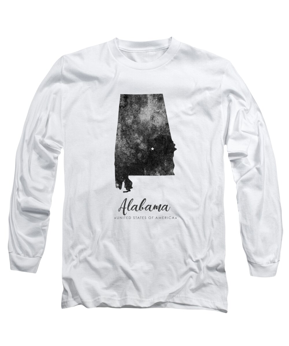 Alabama Long Sleeve T-Shirt featuring the mixed media Alabama State Map Art - Grunge Silhouette by Studio Grafiikka