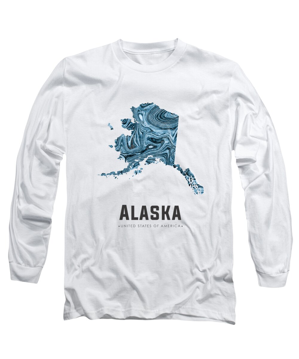 Alaska Long Sleeve T-Shirt featuring the mixed media Alaska Map Art Abstract in Blue by Studio Grafiikka