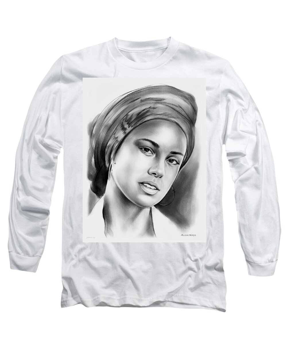 Alicia Keys Long Sleeve T-Shirt featuring the drawing Alicia Keys 2 by Greg Joens