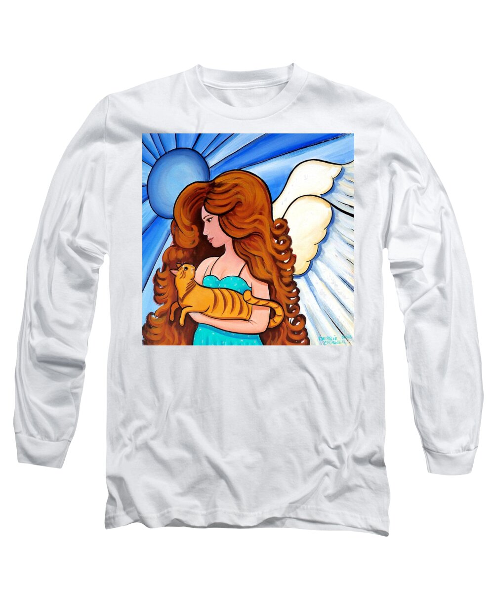 Angel Long Sleeve T-Shirt featuring the painting Angels Arms - cat angel portrait by Debbie Criswell