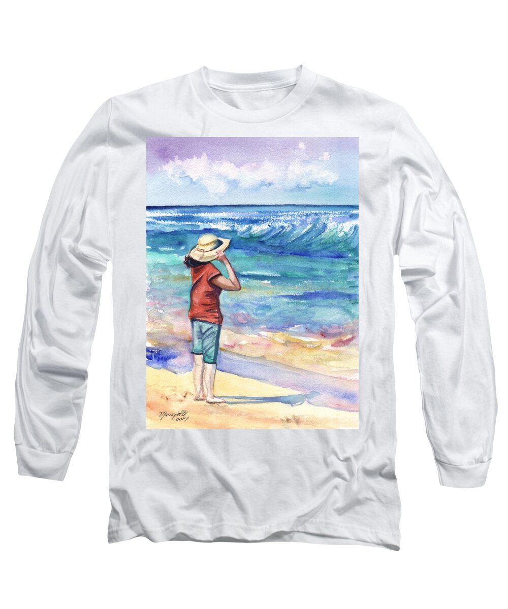 Woman On Beach Long Sleeve T-Shirt featuring the painting Another Nice Day at the Beach by Marionette Taboniar