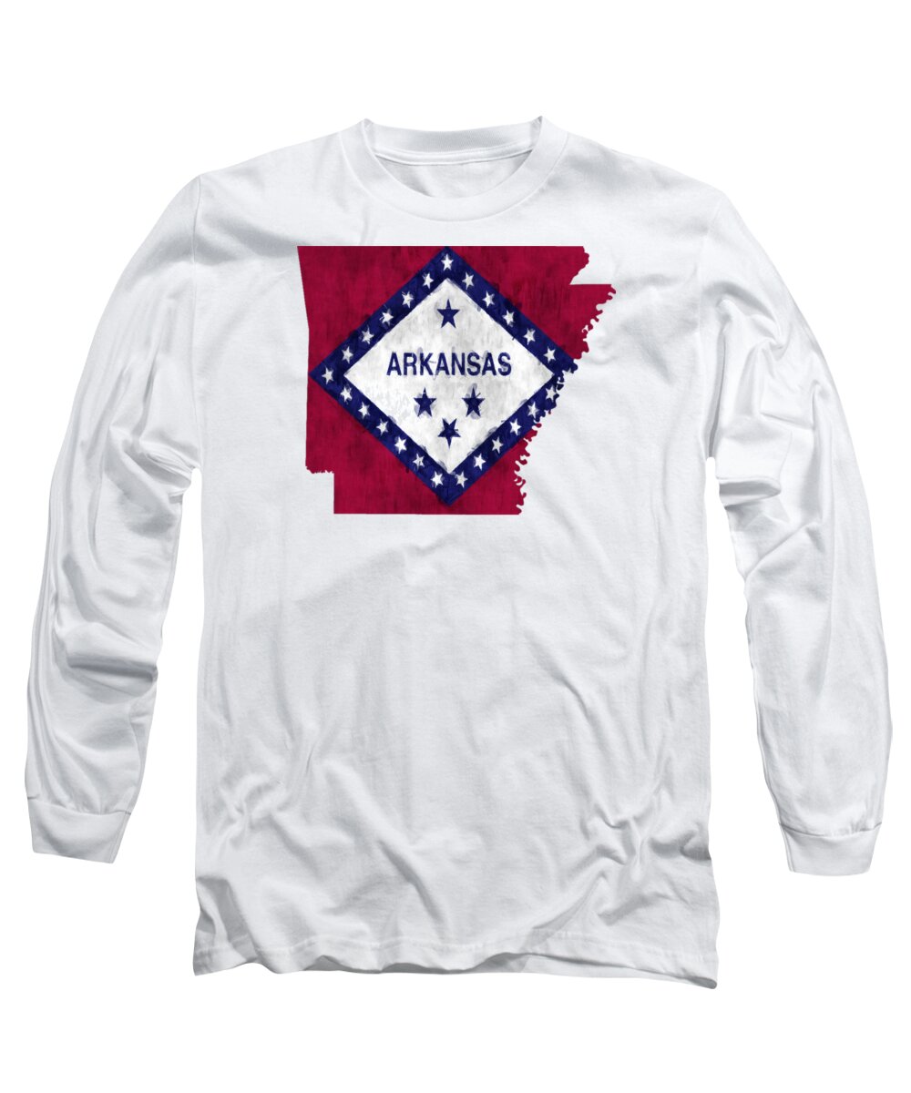America Long Sleeve T-Shirt featuring the digital art Arkansas Map Art with Flag Design by World Art Prints And Designs