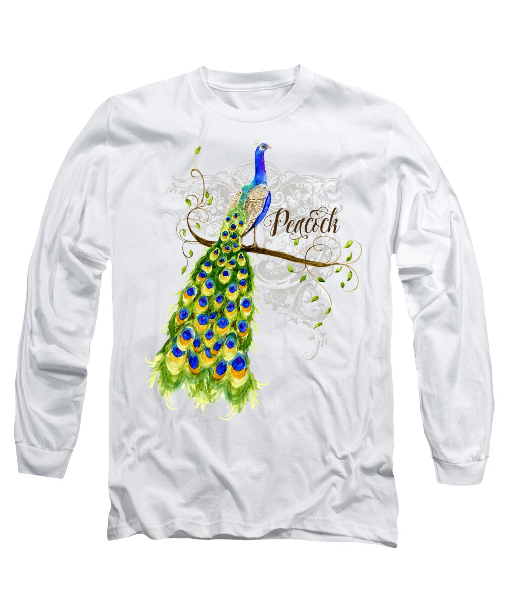 Art Nouveau Long Sleeve T-Shirt featuring the painting Art Nouveau Peacock w Swirl Tree Branch and Scrolls by Audrey Jeanne Roberts