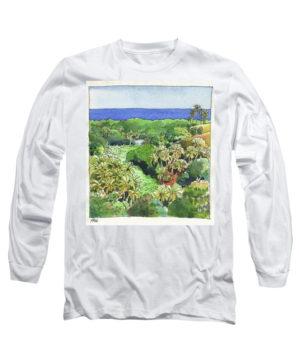 Atiu Long Sleeve T-Shirt featuring the painting Atiu Lake View by Judith Kunzle