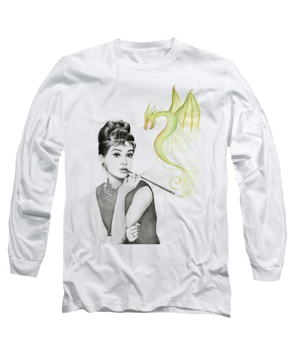 Audrey Long Sleeve T-Shirt featuring the painting Audrey and Her Magic Dragon by Olga Shvartsur
