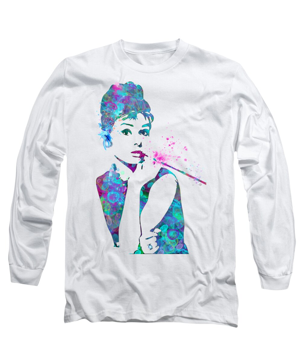Audrey Long Sleeve T-Shirt featuring the digital art Audrey Hepburn Watercolor Pop Art by Mary Alhadif