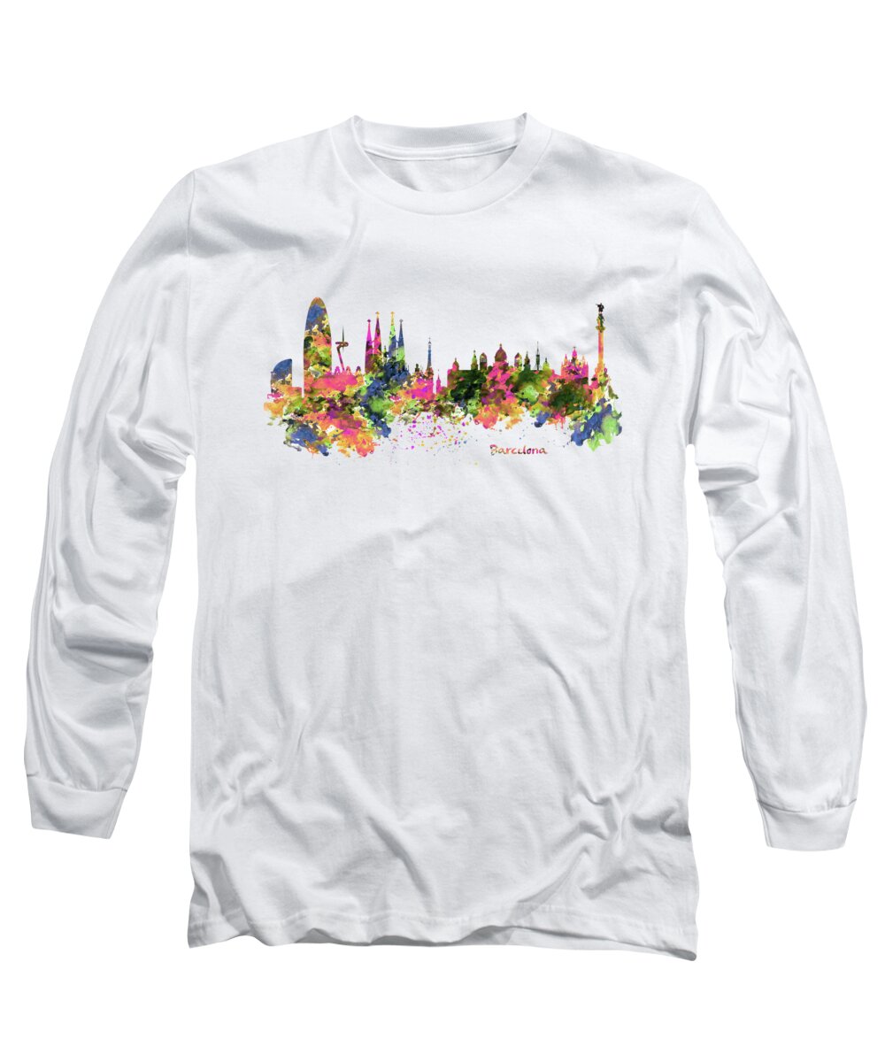 Marian Voicu Long Sleeve T-Shirt featuring the painting Barcelona Watercolor Skyline by Marian Voicu