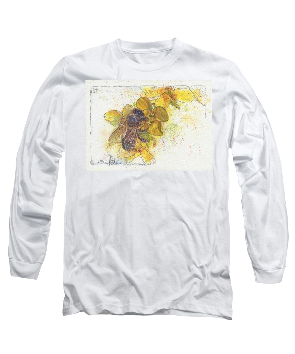 Bees Long Sleeve T-Shirt featuring the painting Bee and Brassica blossom by Petra Rau