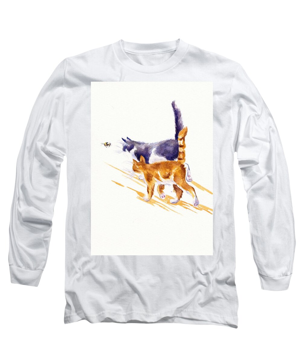 Cat Long Sleeve T-Shirt featuring the painting Bee Stalking - Two Cats by Debra Hall