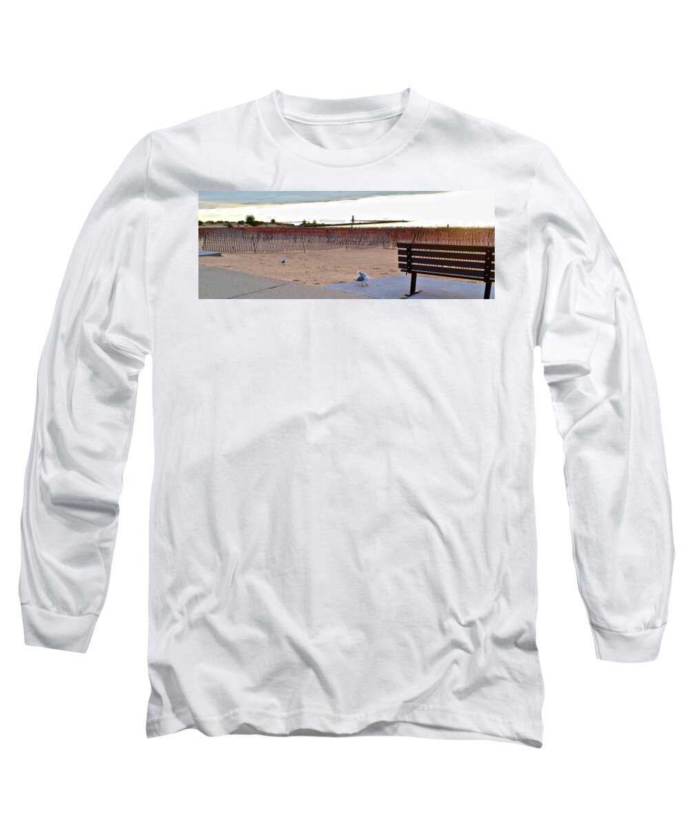 Photography Photo Long Sleeve T-Shirt featuring the photograph Bench, Birds, Beach and Lighthouse by Kenlynn Schroeder