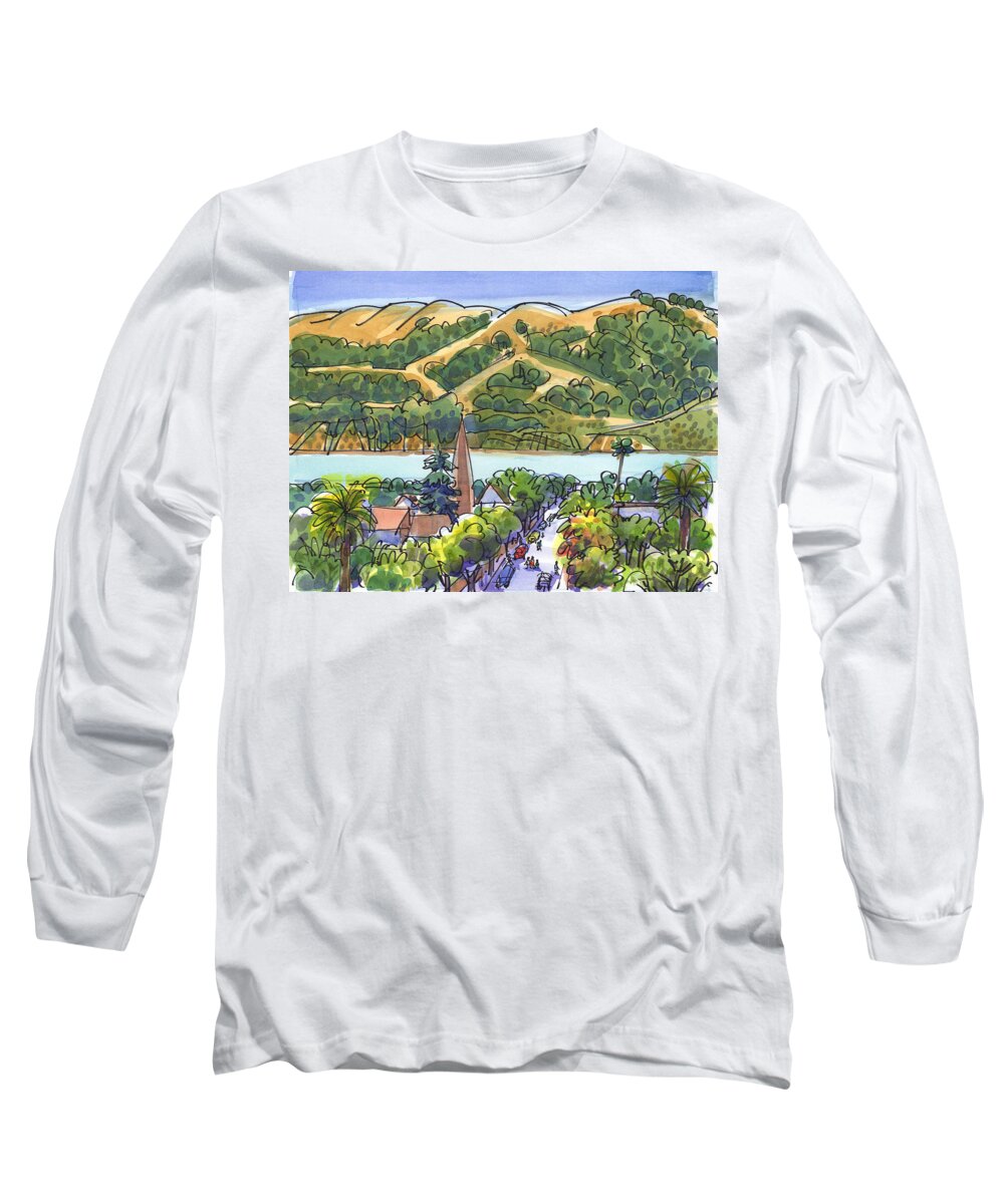 California Long Sleeve T-Shirt featuring the painting Benicia and Carquinez Straight by Judith Kunzle