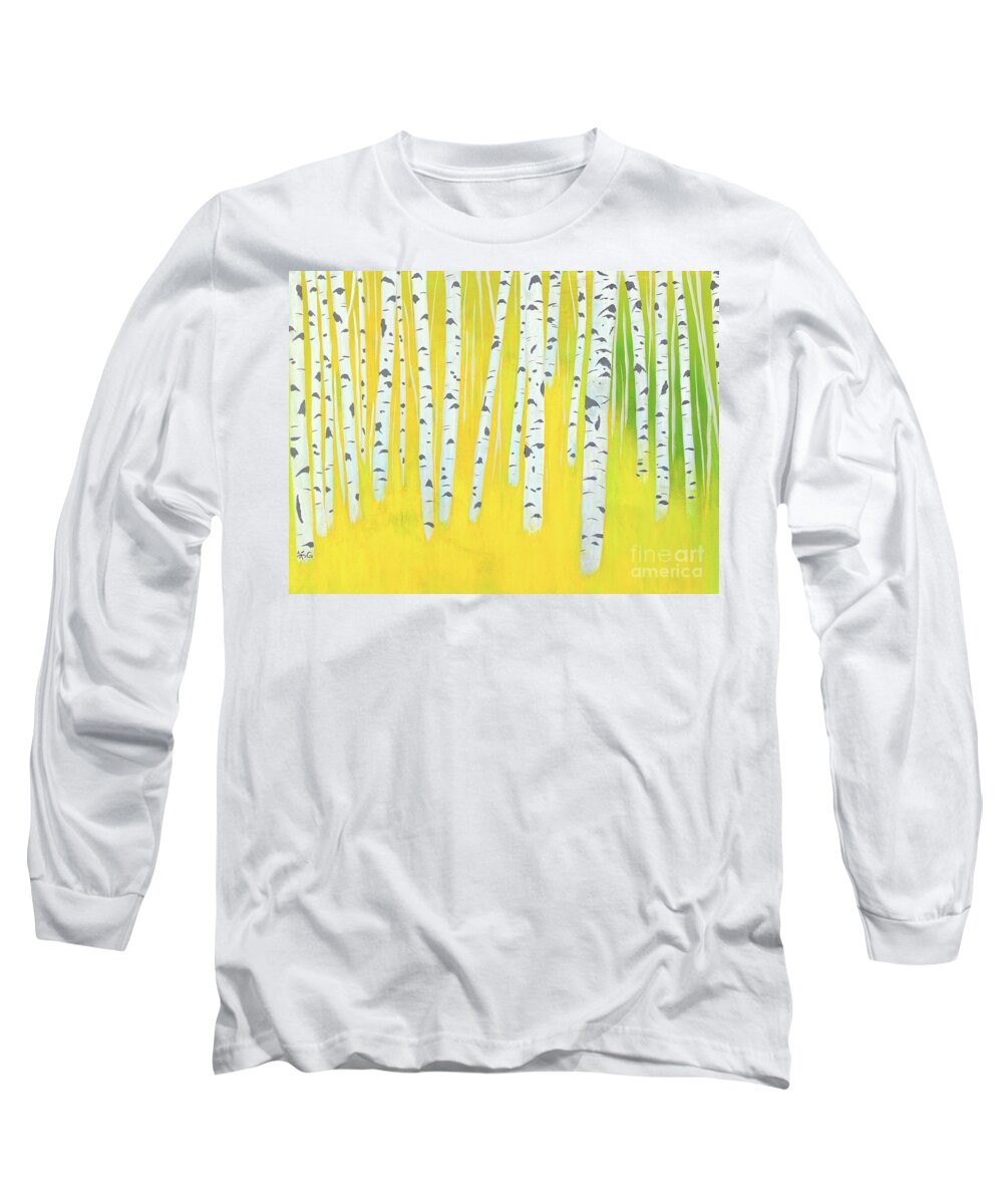 Birch Woods Long Sleeve T-Shirt featuring the painting Birch Woods by Wonju Hulse