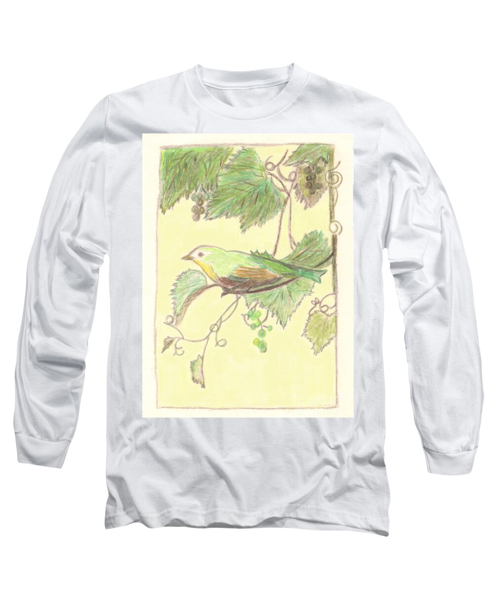 Bird On A Branch Long Sleeve T-Shirt featuring the drawing Bird on a Branch by Donna L Munro