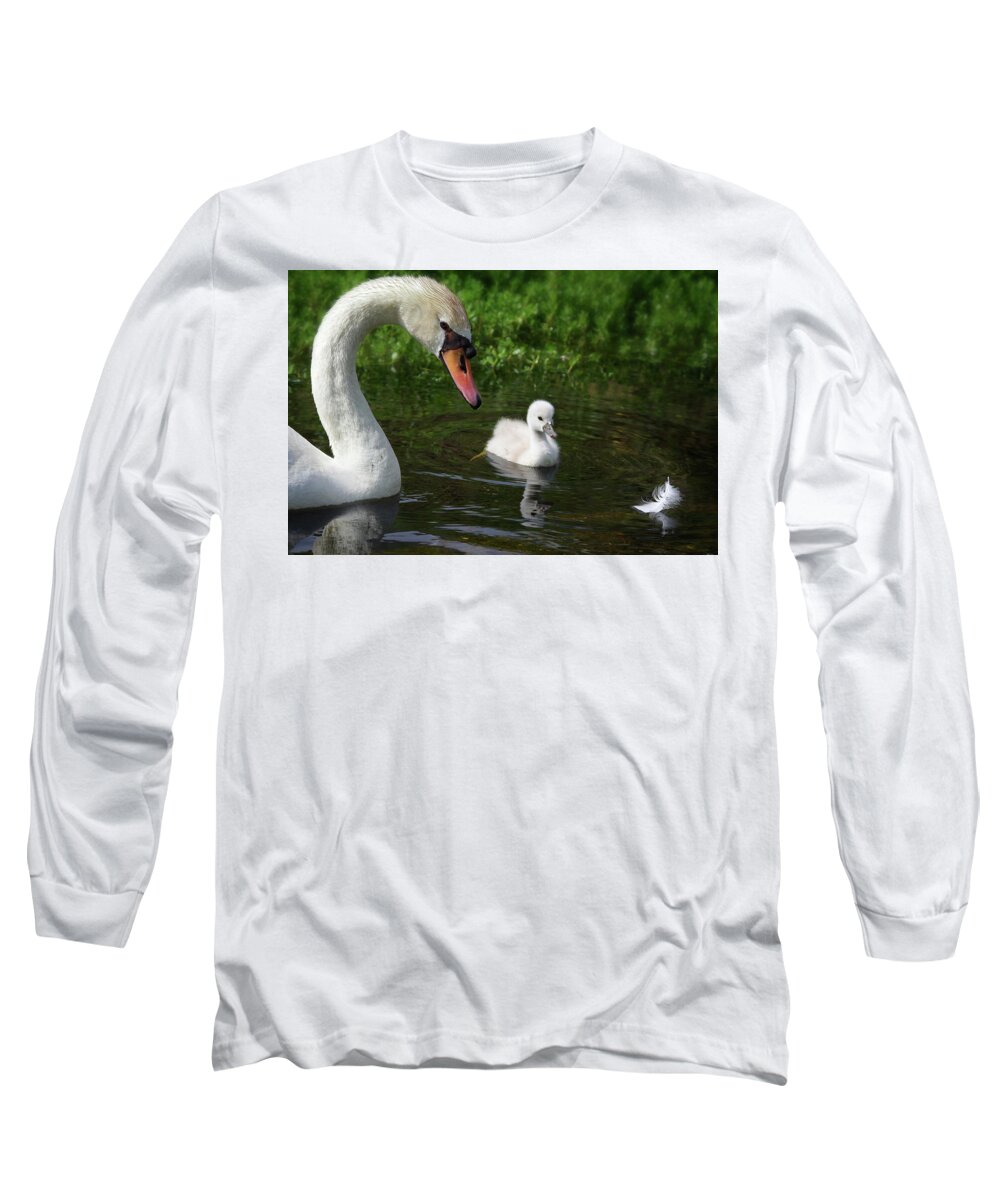 Mute Swans Long Sleeve T-Shirt featuring the photograph Birds Of Feather... by Evelyn Garcia
