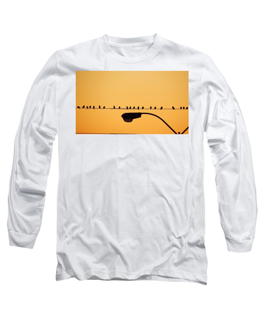 Scoobydrew81 An Andrew Rhine Birds Wire Sky City Berie Nature Evening Dusk Sunset Long Sleeve T-Shirt featuring the photograph Birds on a wire 3 by Andrew Rhine
