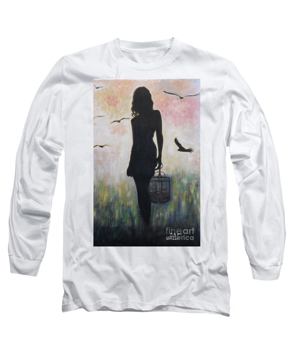 Birds Long Sleeve T-Shirt featuring the painting Birdwatching in the park by Sam Shaker