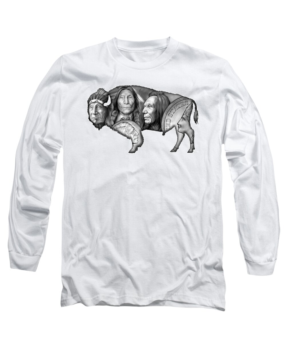 Bison Long Sleeve T-Shirt featuring the digital art Bison Indian Montage 2 by Greg Joens