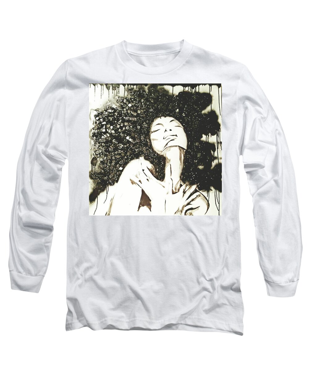 Feminine Euphoria And Expression Big Hair Long Sleeve T-Shirt featuring the painting Black and White Euphoria by Femme Blaicasso