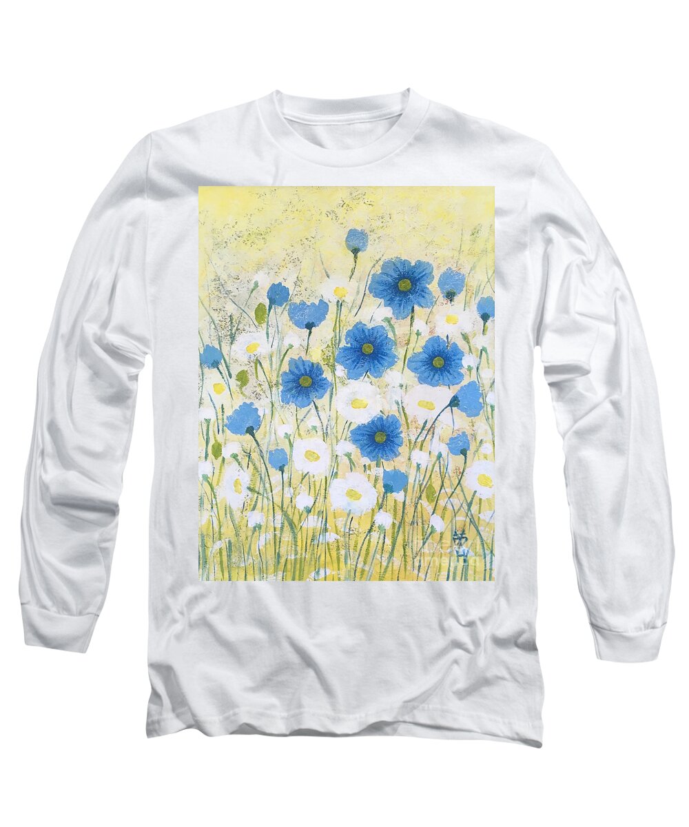 Flower Long Sleeve T-Shirt featuring the painting Blue and white by Wonju Hulse