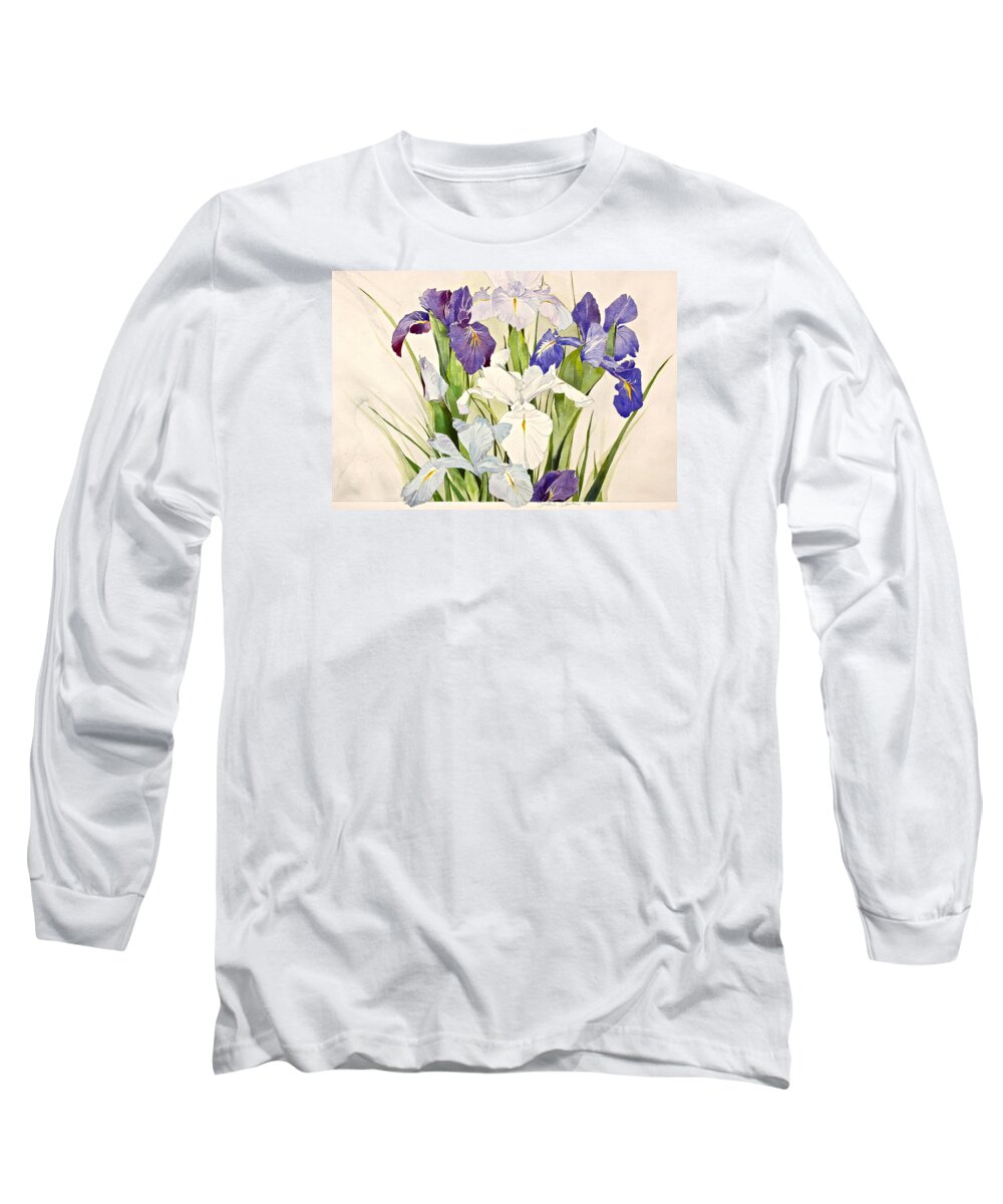 Water Color Long Sleeve T-Shirt featuring the painting Blue Irises-Posthumously presented paintings of Sachi Spohn by Cliff Spohn