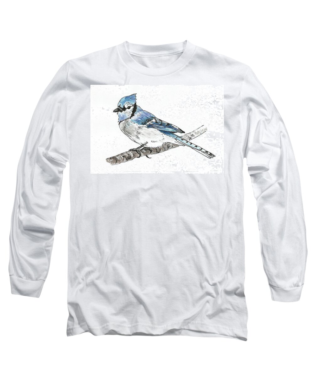 Bird Long Sleeve T-Shirt featuring the painting Blue Jay by Masha Batkova