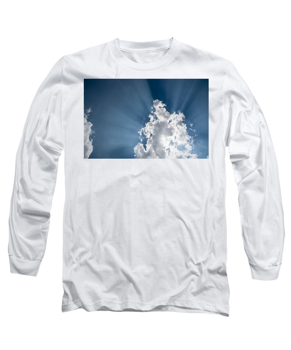 Atmosphere Long Sleeve T-Shirt featuring the photograph Blue sky with white clouds and sun rays by Michalakis Ppalis