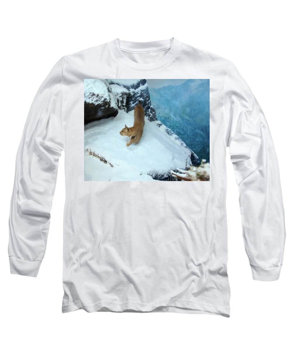 Bobcat Long Sleeve T-Shirt featuring the digital art Bobcat on a mountain ledge by Flees Photos