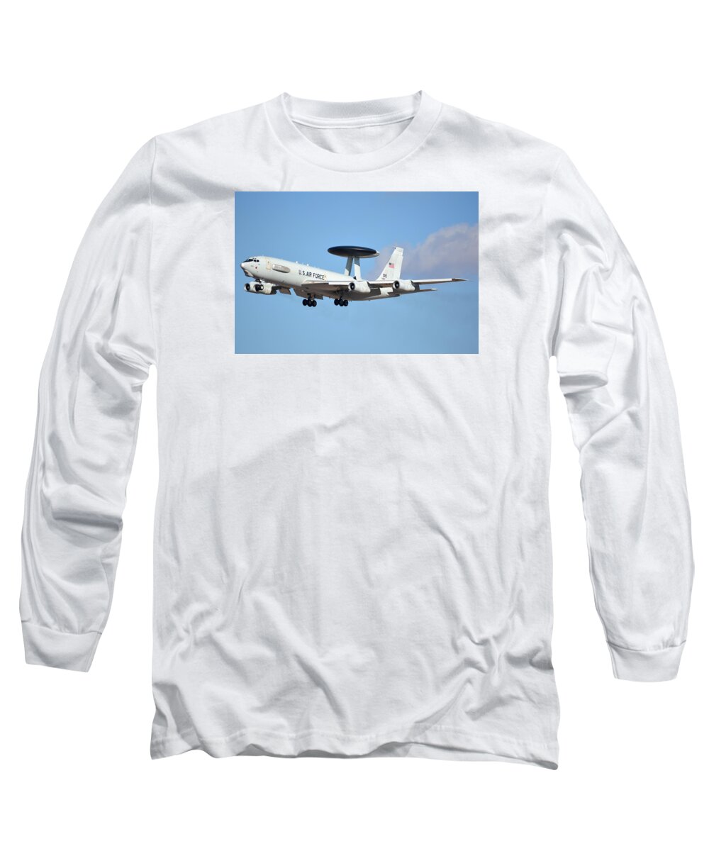 Airplane Long Sleeve T-Shirt featuring the photograph Boeing E-3B 71-1407 Sentry Phoenix Sky Harbor January 9 2015 by Brian Lockett