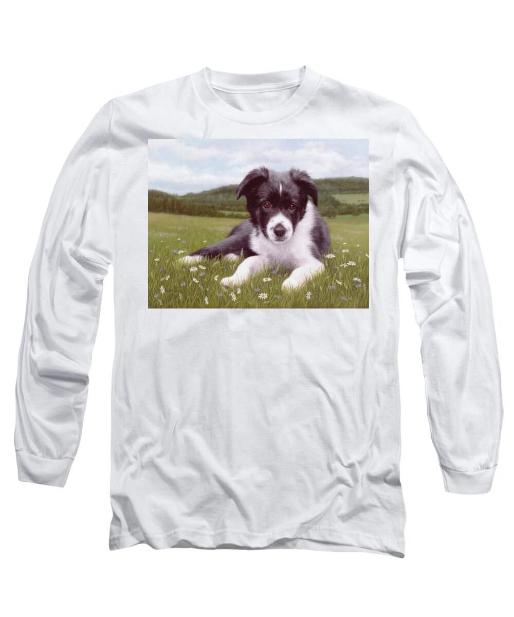 Dog Long Sleeve T-Shirt featuring the painting Border Collie Puppy Painting by Rachel Stribbling