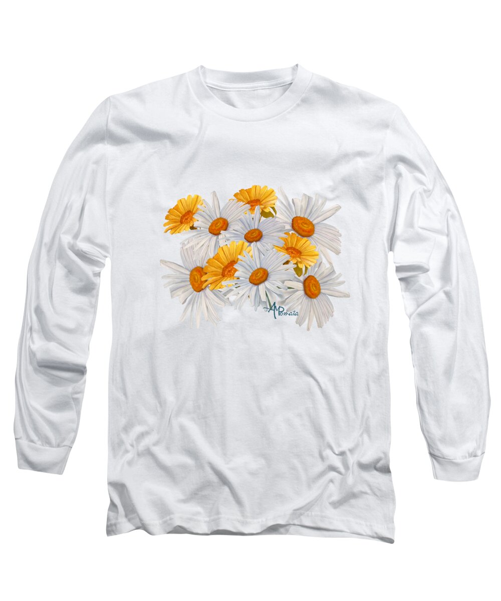Daisies Long Sleeve T-Shirt featuring the mixed media Bouquet of Wild Flowers by Angeles M Pomata