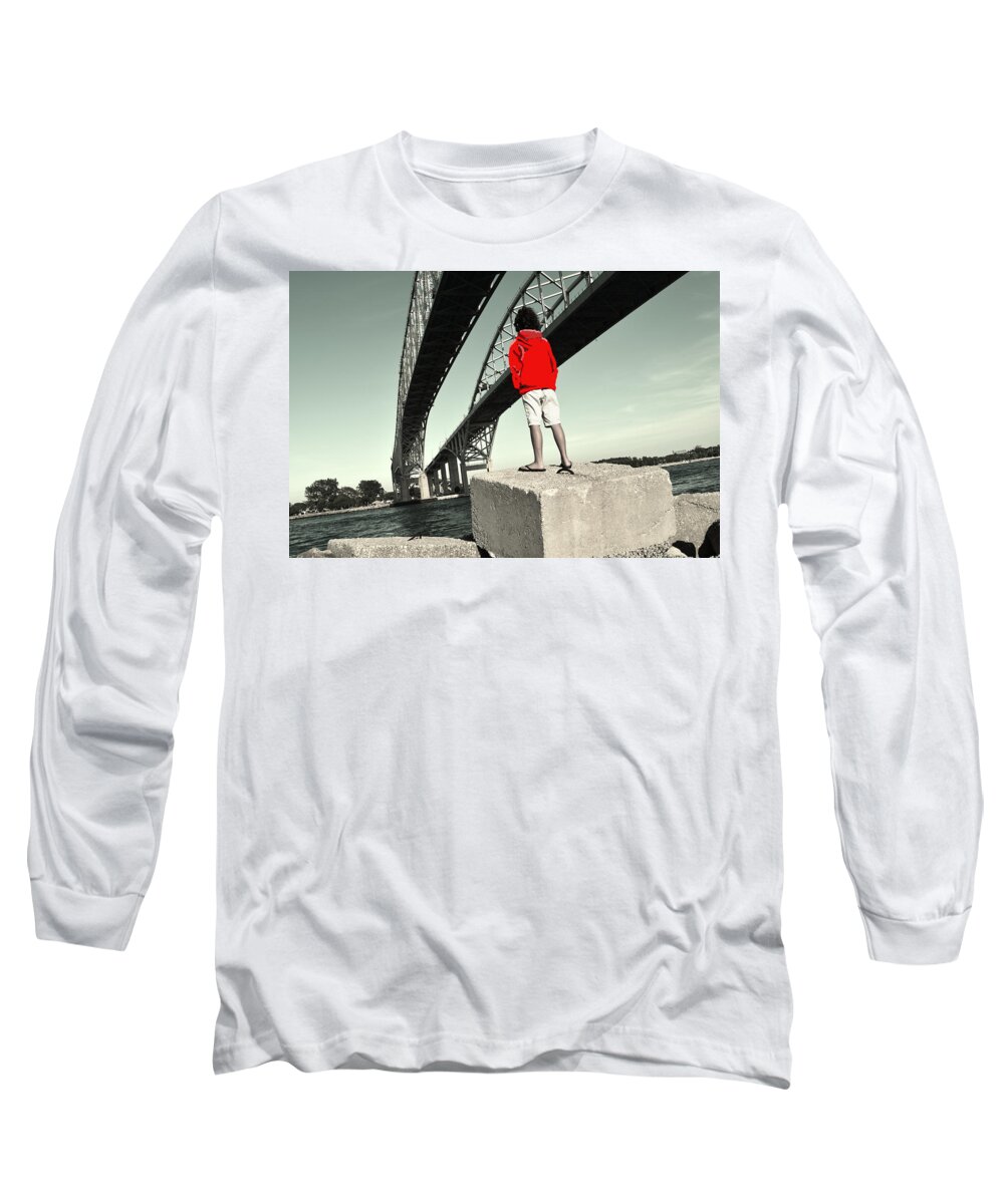 Black Long Sleeve T-Shirt featuring the digital art Boy Under Bridge by Gary Smith