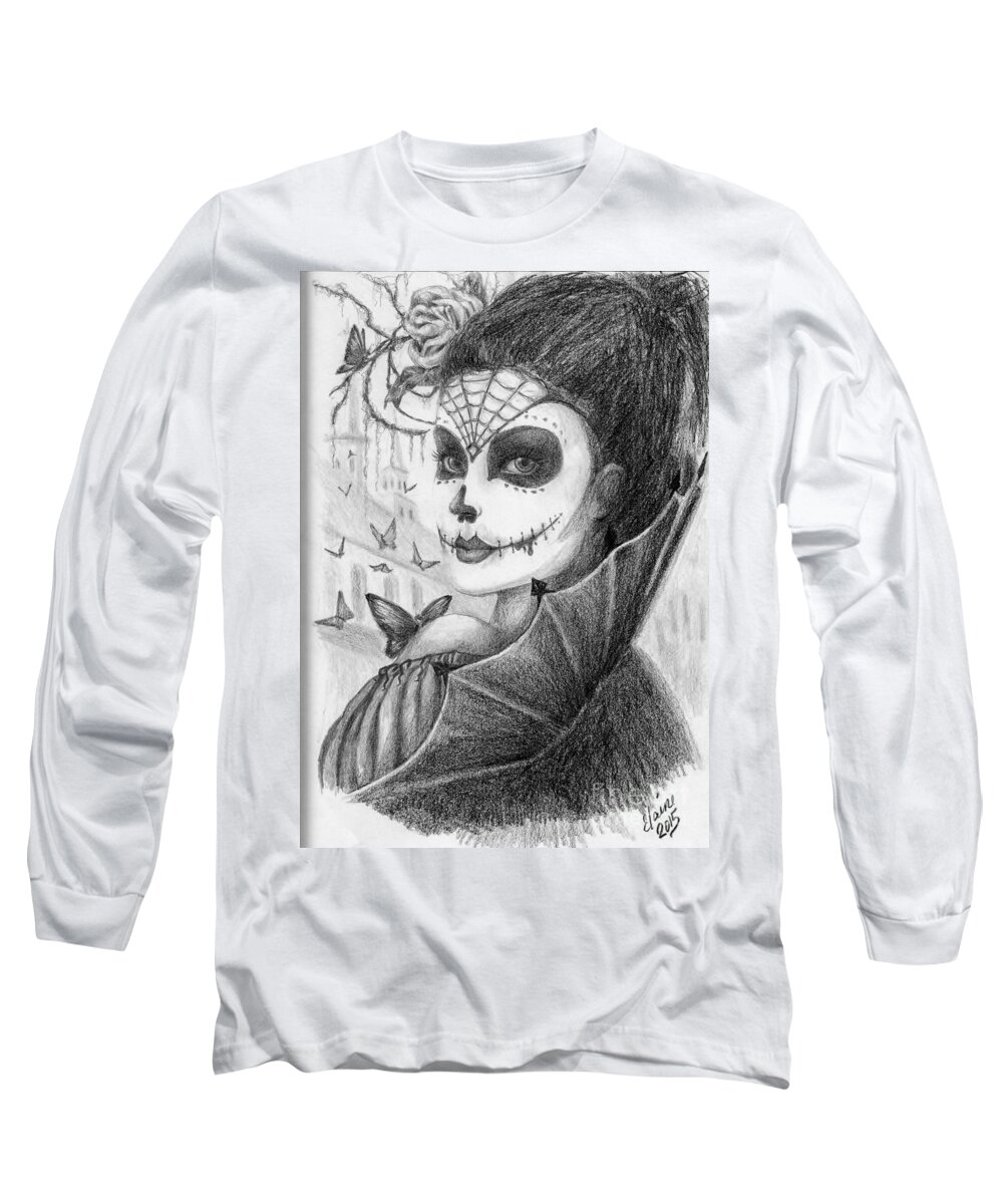 Skull Portrait Long Sleeve T-Shirt featuring the drawing Brigitte by Elaine Berger