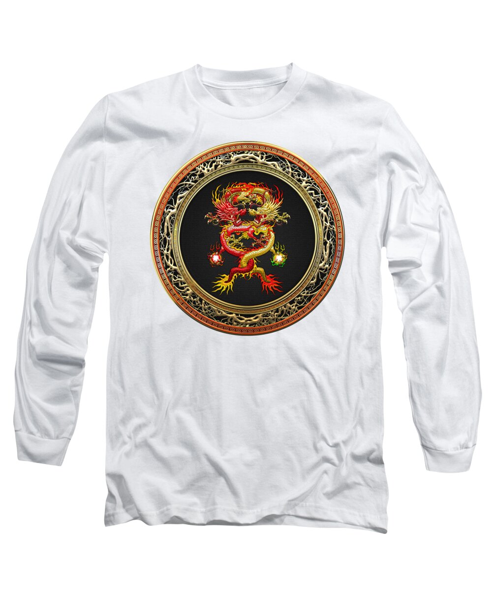 'treasure Trove' Collection By Serge Averbukh Long Sleeve T-Shirt featuring the digital art Brotherhood of the Snake - The Red and The Yellow Dragons on White Leather by Serge Averbukh
