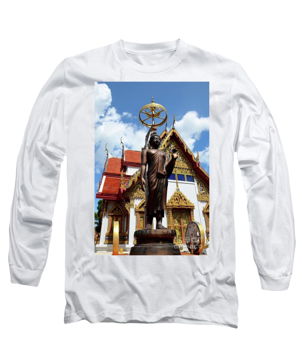 Temple Long Sleeve T-Shirt featuring the photograph Buddha statue with sunshade outside temple Hat Yai Thailand by Imran Ahmed