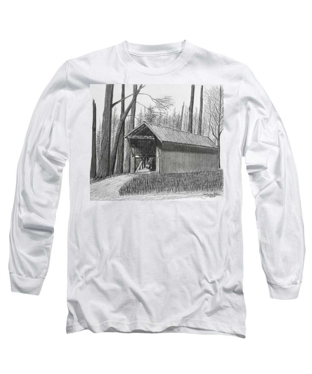 Covered Bridge Long Sleeve T-Shirt featuring the drawing Bunker Hill Covered Bridge by Tony Clark