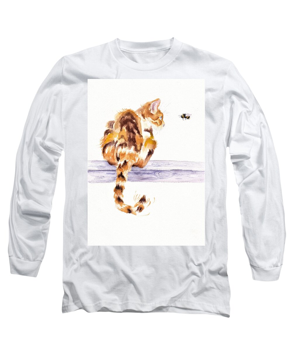 Cat Long Sleeve T-Shirt featuring the painting Calico Cat Bee Watchful by Debra Hall