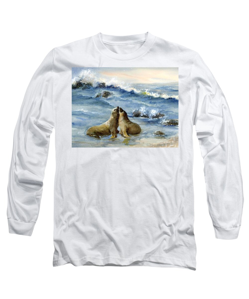 A Lovely Sea Lion Couple Stealing Kisses As Waves Crash On The Rocks Behind Them. Long Sleeve T-Shirt featuring the painting California Sea Lions by Virginia Potter