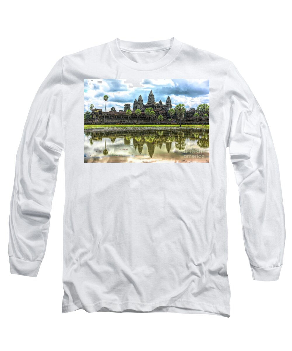 Angkor Wat Long Sleeve T-Shirt featuring the digital art Cambodia Panorama Angkor Wat Reflections by Chuck Kuhn