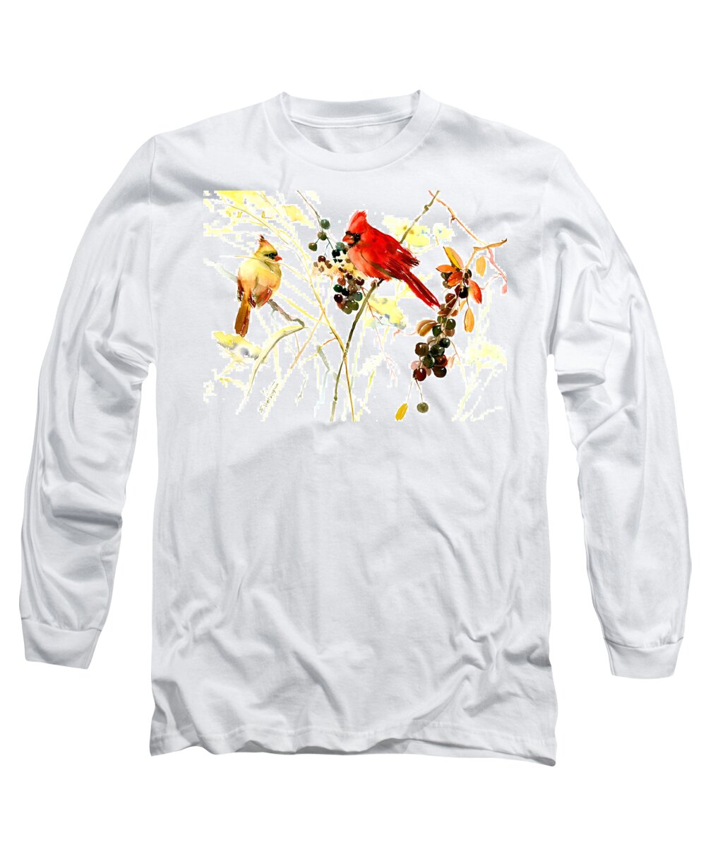 Cardinal Bird Long Sleeve T-Shirt featuring the painting Cardinal Birds and Berries by Suren Nersisyan