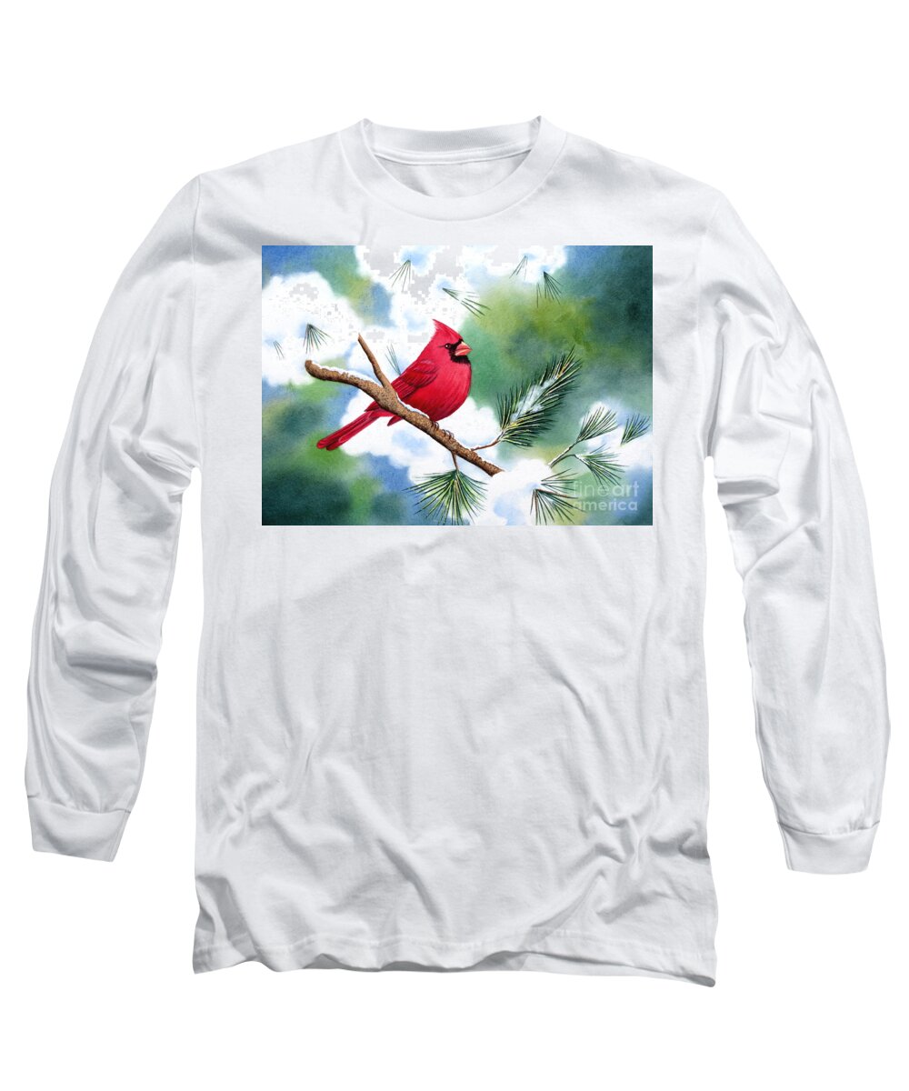 Cardinal Long Sleeve T-Shirt featuring the painting Cardinal In Winter by Deborah Ronglien