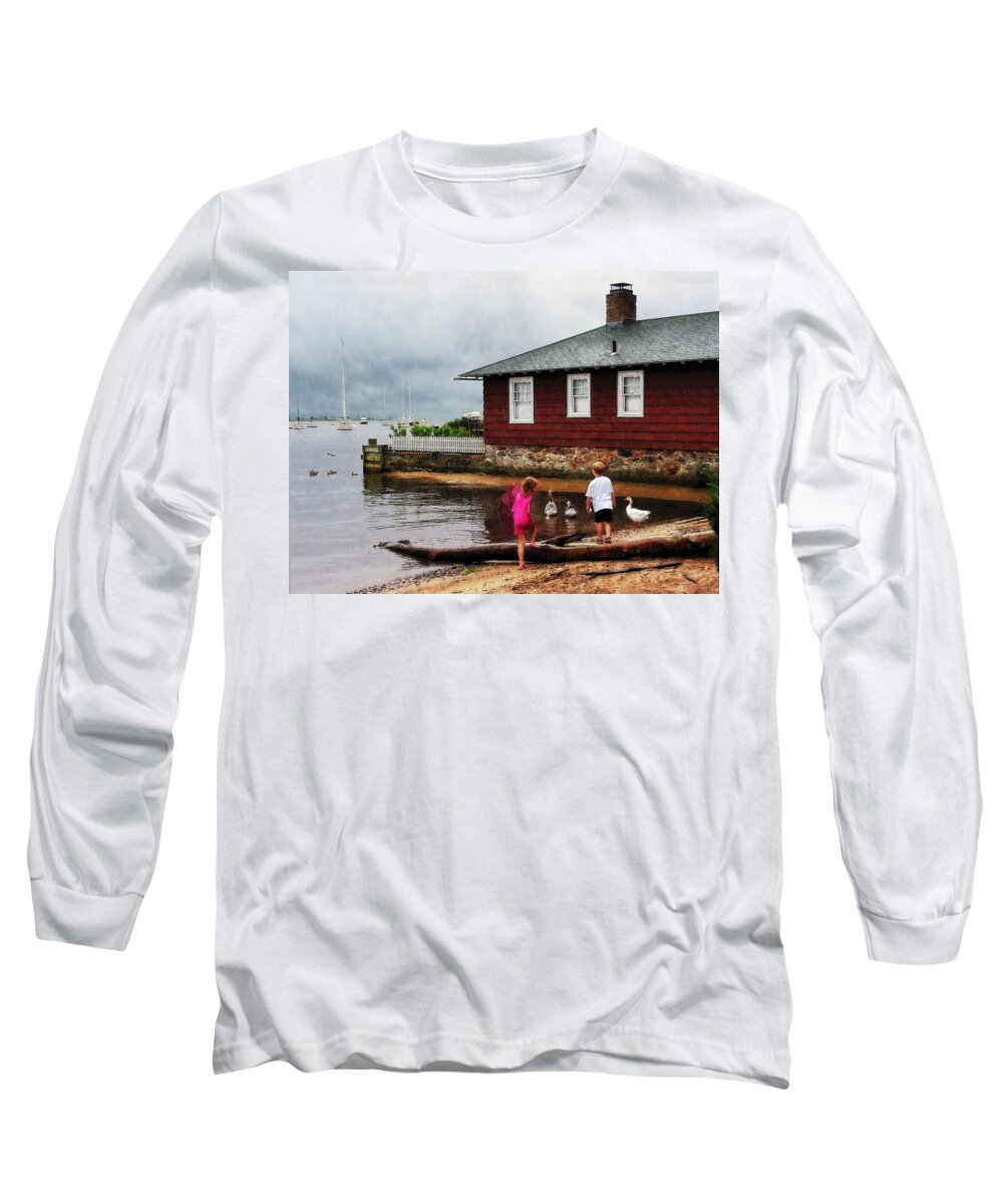 Boat Long Sleeve T-Shirt featuring the photograph Children Playing at Harbor Essex CT by Susan Savad