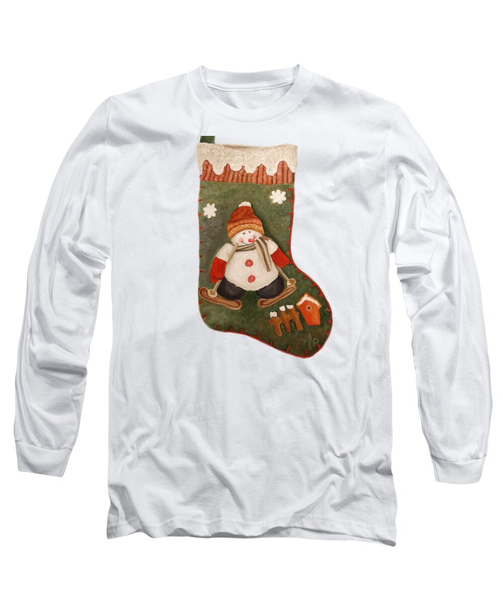Christmas Long Sleeve T-Shirt featuring the painting Christmas Stocking by Angeles M Pomata