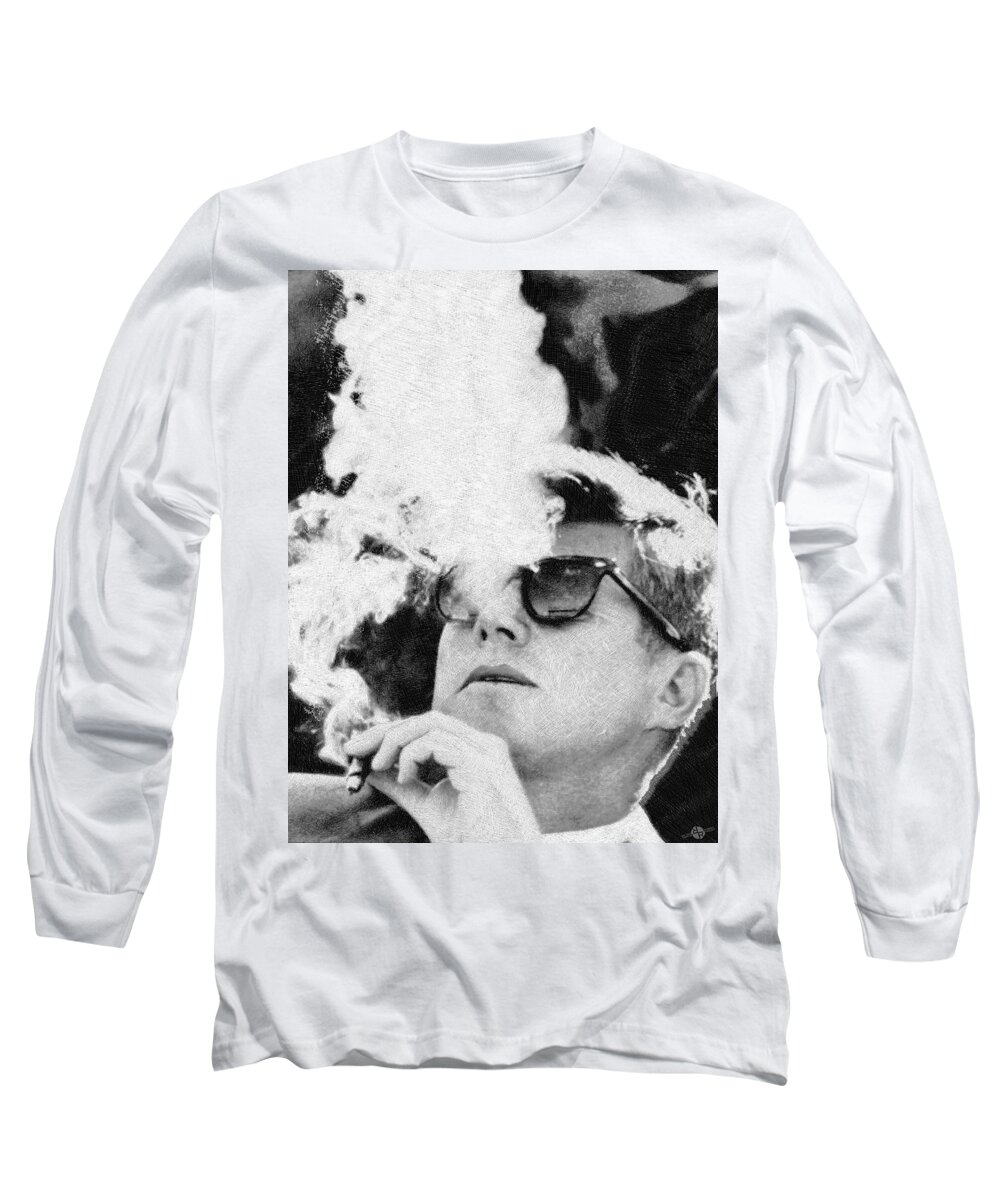 President Long Sleeve T-Shirt featuring the painting Cigar Smoker Cigar Lover JFK Gifts Black And White Photo by Tony Rubino