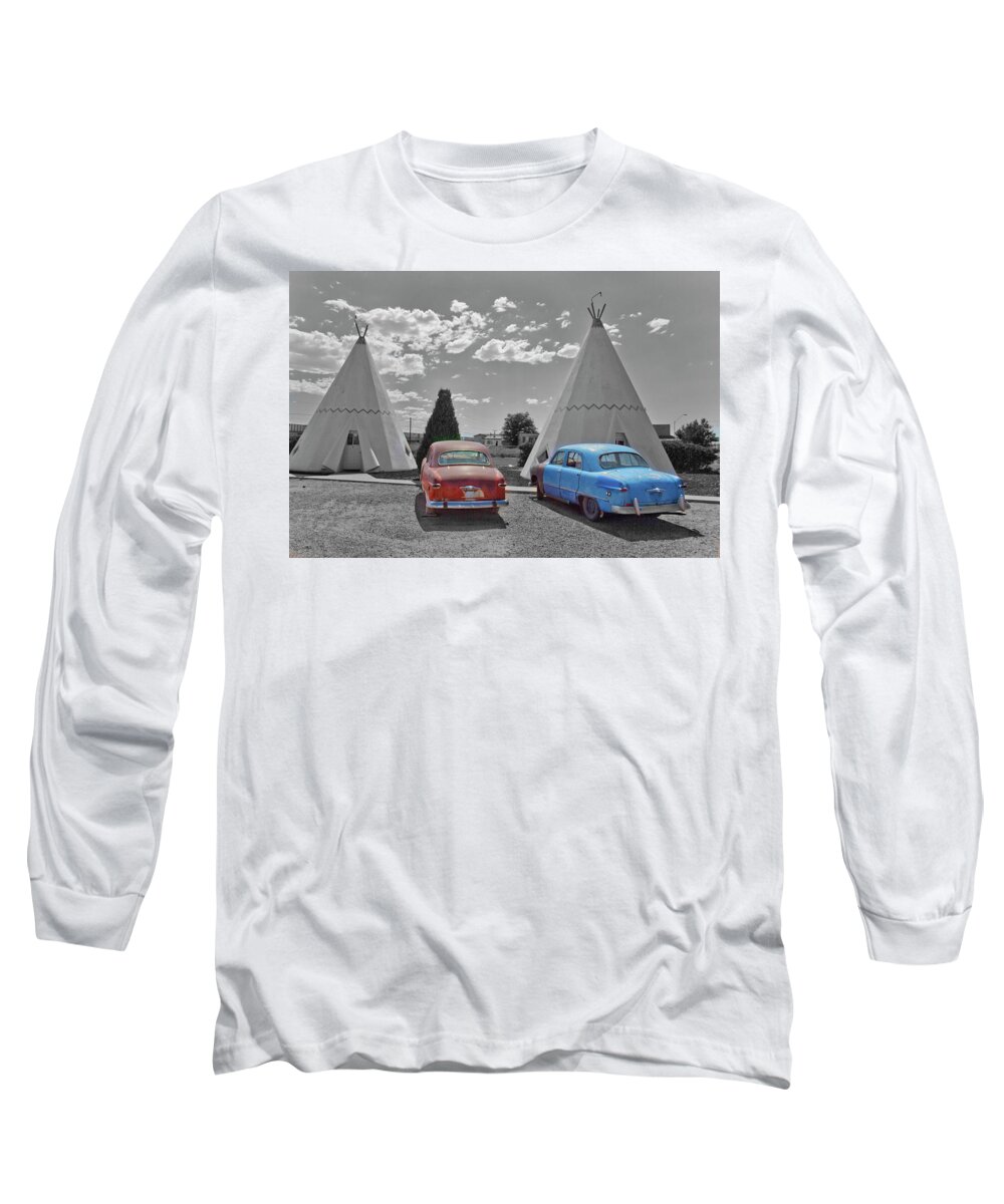 Tee Pee Long Sleeve T-Shirt featuring the photograph Colored Cars and Tee Pee Motel--Holbrook by Matthew Bamberg